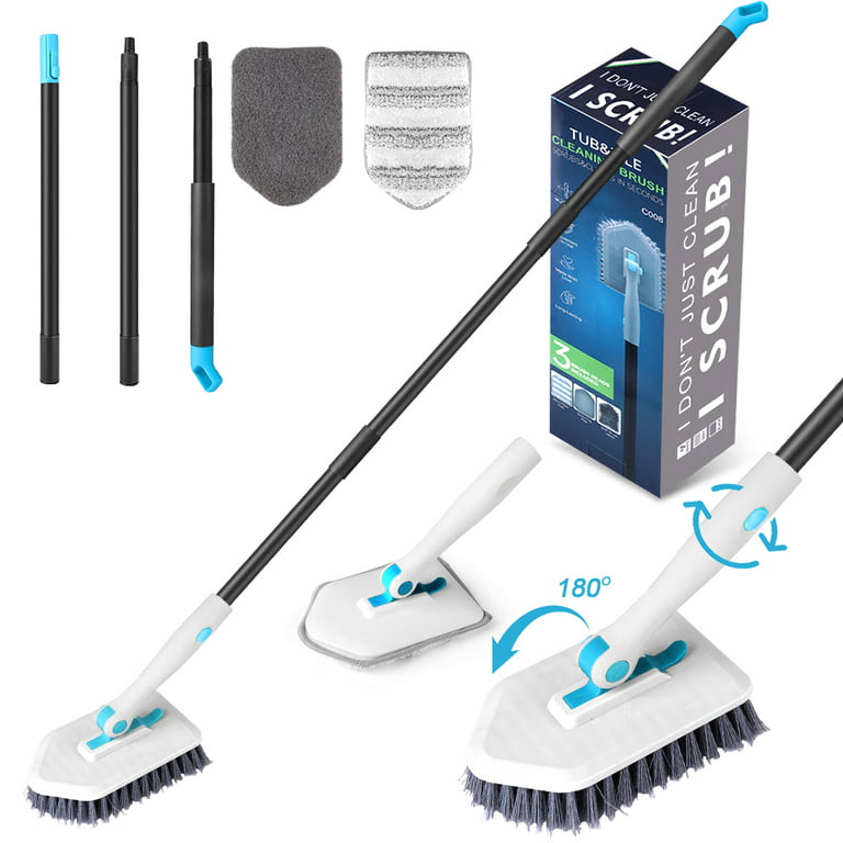 Shower Cleaning Brush with Long Handle, 3 in 1 Tub and Tile Scrubber Brush  with 50.4'' Extendable Long Handle Detachable Stiff Bristles Scrub Brush