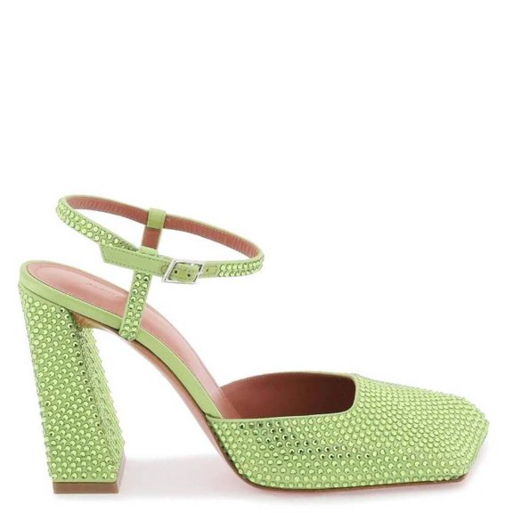 Amina Muaddi Satin Lime Charlotte Pumps With Crystals, Brand Size 35 (US Size 5)