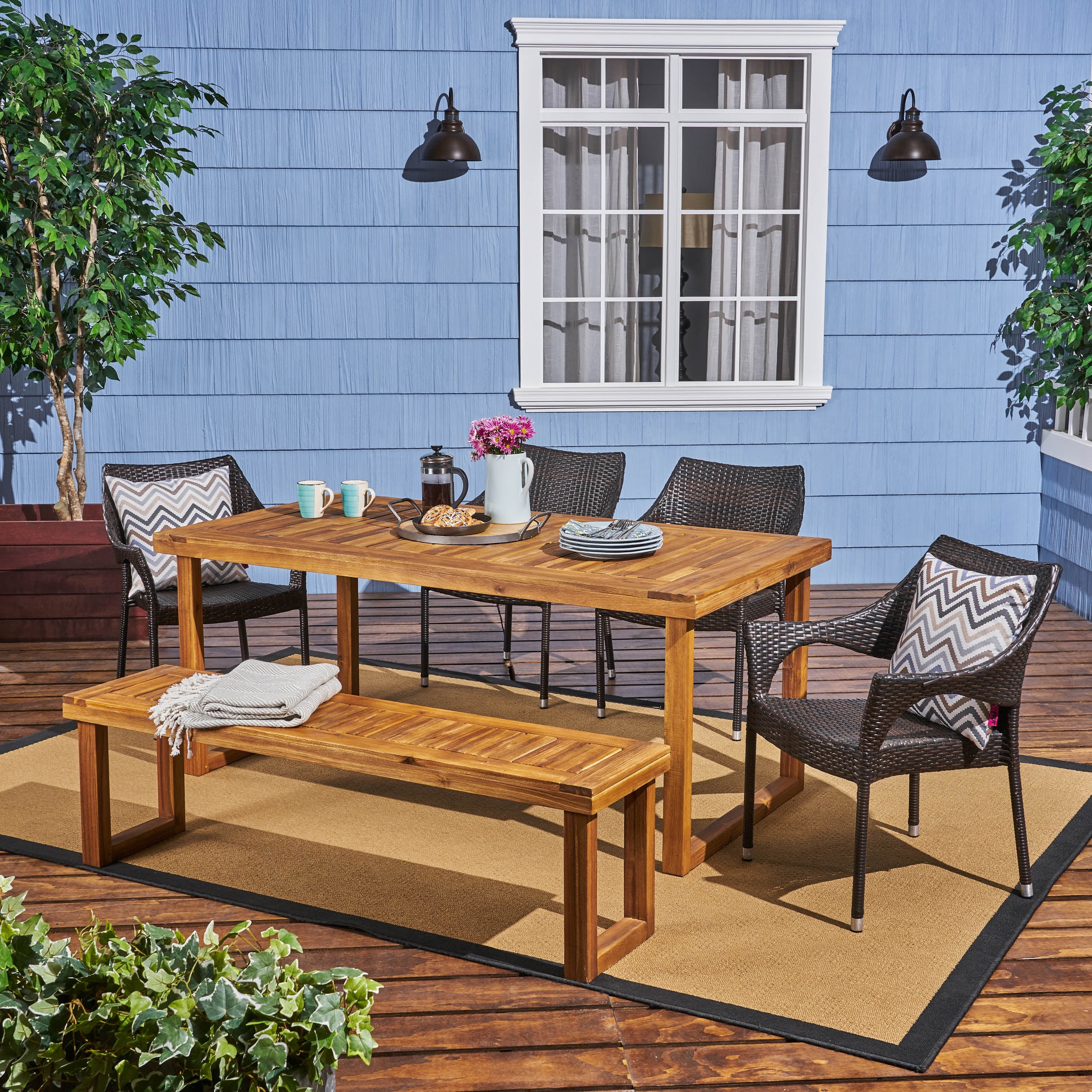 Natural Acacia Wood and Multi Brown Wicker 6-Piece Outdoor Dining Set