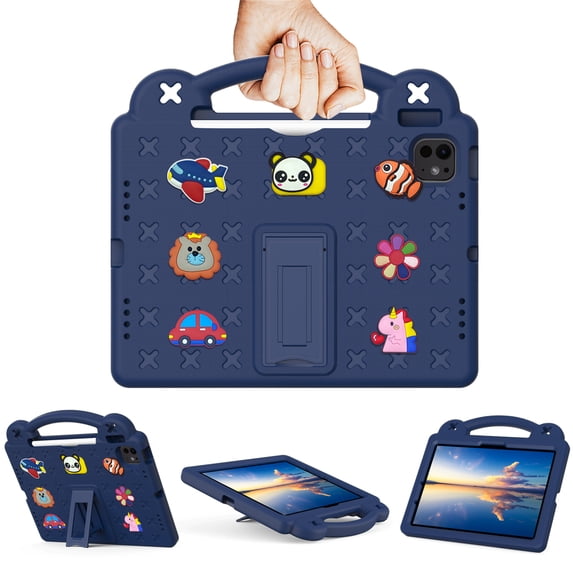 Aminegg Hande Stand Shockproof Case for iPad Air 11 Inch M2 2024 , Heavy Duty Cover for Kids Boys, Navy Blue