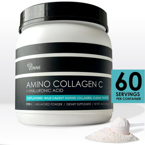 Amino Collagen C with Hyaluronic Acid (60 Servings _ 16oz 456g) - Non-GMO Marine Collagen Peptides - Hydrolyzed Powder - Unflavored - No Sugar - for Firm Skin, Hydration, Healthy Joint