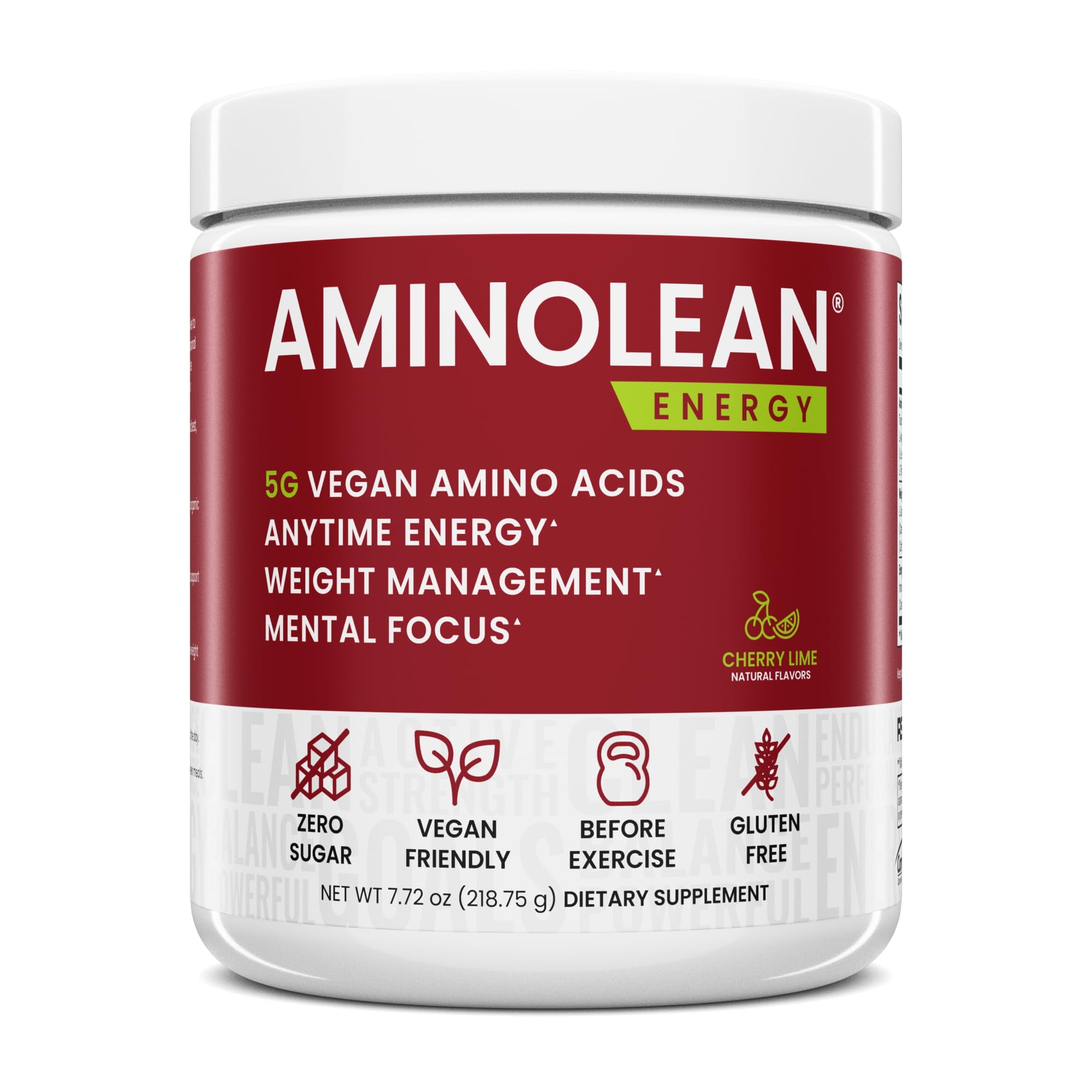 AminoLean Pre Workout Powder, Anytime Energy with Natural Caffeine from Green Tea, Vegan BCAA Amino Acids, Weight Management, Mental Focus, Cherry Lime, 7.72 oz (25 Serv)