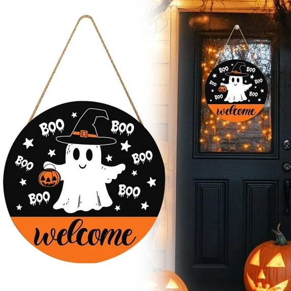 Aminojy ‌12x12 Inch Halloween Hey Boo Sign - Wood Ghost Door Hanger for Front Door Decor, Indoor/Outdoor Farmhouse Wall Plaque Trick or Treat Party Decoration