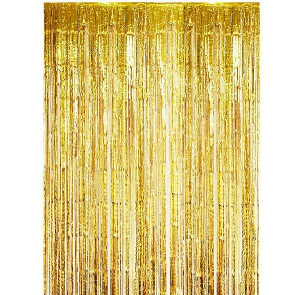 Aminojy 2PCS Gold Foil Fringe Curtain Backdrop - Metallic Tinsel Party Decor with Adhesive Tape for Birthday/Wedding/New Year Photo Booth, Gold Party Backdrop Streamers