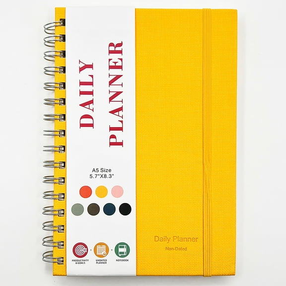 Aminojy A5 Spiral Planner with Inner Pockets - PU Leather Undated Daily Planner with Hourly Schedule, To-Do Lists & Elastic Closure for Work, School & Home Organization