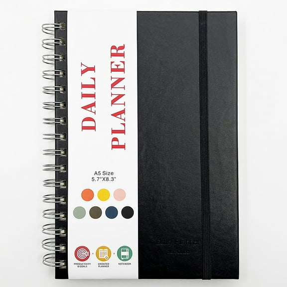 Aminojy A5 Spiral Planner with Inner Pockets - PU Leather Undated Daily Planner with Hourly Schedule, To-Do Lists & Elastic Closure for Work, School & Home Organization