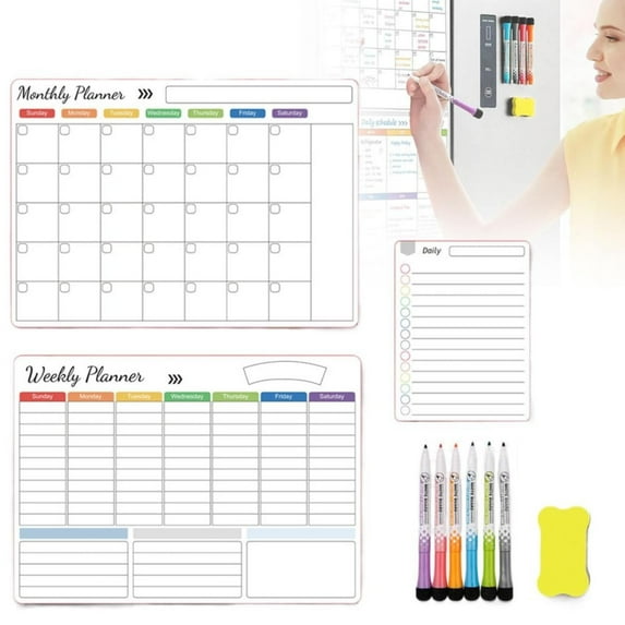 Aminojy Magnetic Dry Erase Fridge Calendar Set with Weekly Planner - Chore Chart Organizer for Family Home Organization, Includes List Board and Markers