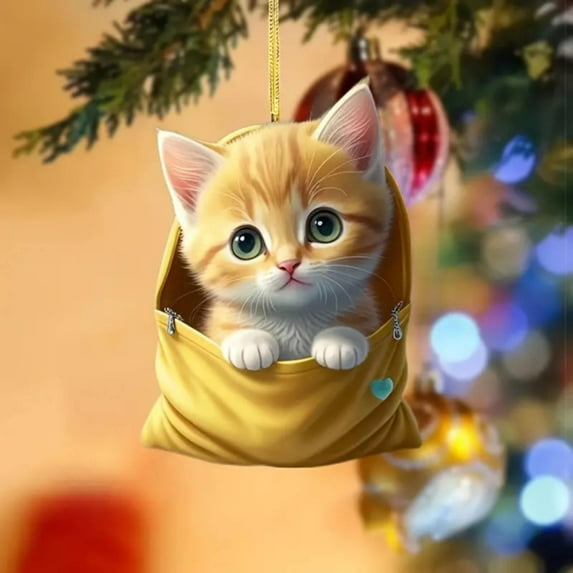 Aminojy Christmas Ornaments 2024 Cute Cat Car Rearview Pendant 2D Flat Acrylic Cat Pendant For Car Rearview Cat Christmas Tree Pendant For Interior Rearview Decoration