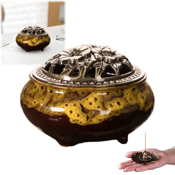 Aminojy Covered Ceramic Incense Burner Bowl, Decorative Incense Holder for Cone and Resin Incense, Round Fragrance Diffuser Accessory for Home Meditation Yoga Decoration