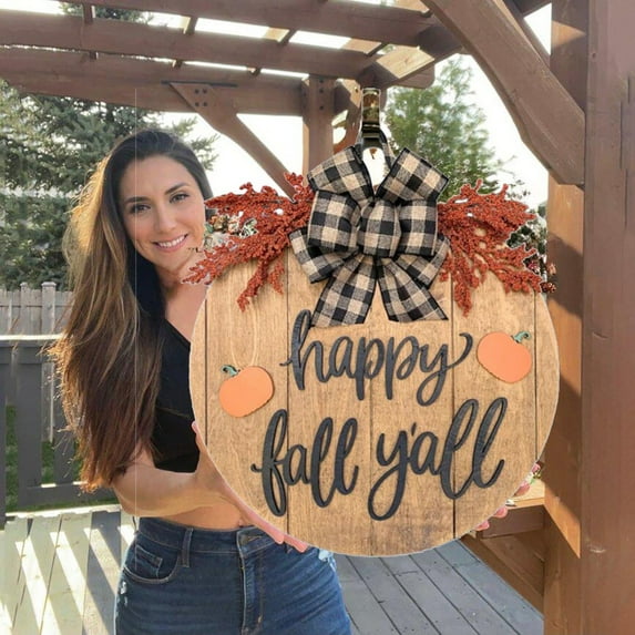 Aminojy Front Door Welcome Sign Hanging Thanksgiving Fall Welcome Sign 12 Inches Rustic Pumpkins Front Door Decor with Handmade Bow Knot Round Wood Hanging Welcome Sign Porch Decorations
