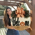 thumbnail image 1 of Aminojy Front Door Welcome Sign Hanging Thanksgiving Fall Welcome Sign 12 Inches Rustic Pumpkins Front Door Decor with Handmade Bow Knot Round Wood Hanging Welcome Sign Porch Decorations, 1 of 1