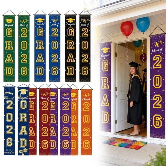 Aminojy Graduation Door Banner Decoration, Vertical GRAD Letter Hanging Sign with Class of 2026 Design, Fabric Party Decor for High School College Graduation Celebration