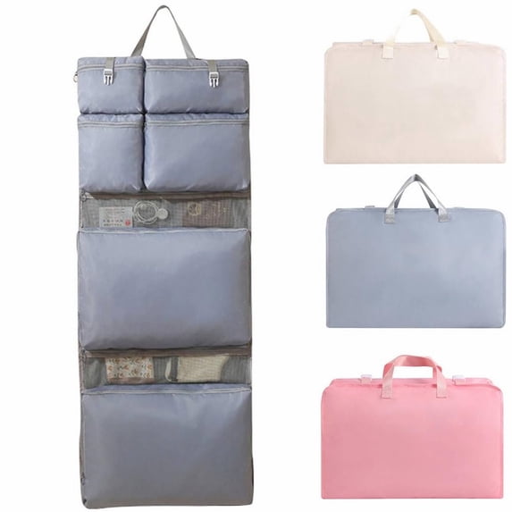 Aminojy Hanging Travel Organizer with 6 Compartments - Foldable Garment Storage Bag for Clothes Underwear Socks, Space Saving Beige Packing Cube for Suitcase