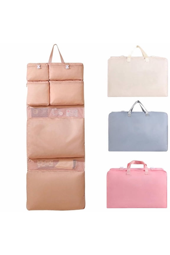 Hanging Travel Organizer with 6 Compartments - Foldable Garment Storage Bag for Clothes Underwear Socks, Space Saving Beige Packing Cube for Suitcase