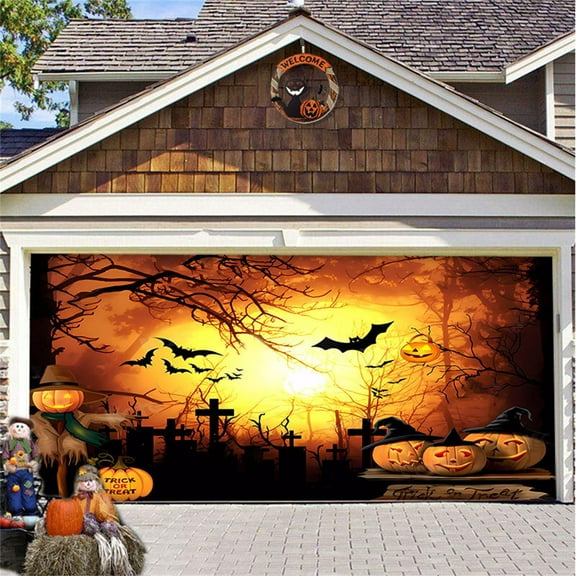 Aminojy Nightmare Before Christmas Decor Halloween Garage Door Decorations Banner 7 X 16 Ft Movie Characters Halloween Garage Door Cover for Double Car Garage Hanging Halloween Mural
