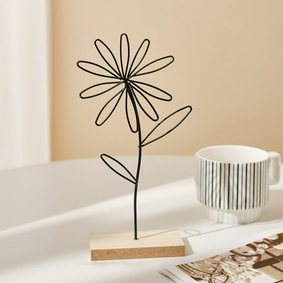 Aminojy Nordic Iron Flower Sculpture - 10-Petal Black Metal Art Decor for Living Room & Office - 24cm Modern Home Accent Piece with Wood Base