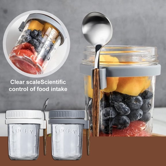 Aminojy Oatmeal Cup Grey 10Oz Overnight Oats Container Mason Jars with Lid and Spoon Portable Airtight Oatmeal Cup