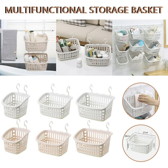 Aminojy Wall-Mountable Hanging Storage Basket with Hooks, Ventilated Plastic Shower Organizer for Bathroom Toiletries, Kitchen Pantry, and Bedroom Accessories - Space Saving & Anti-Slip Base