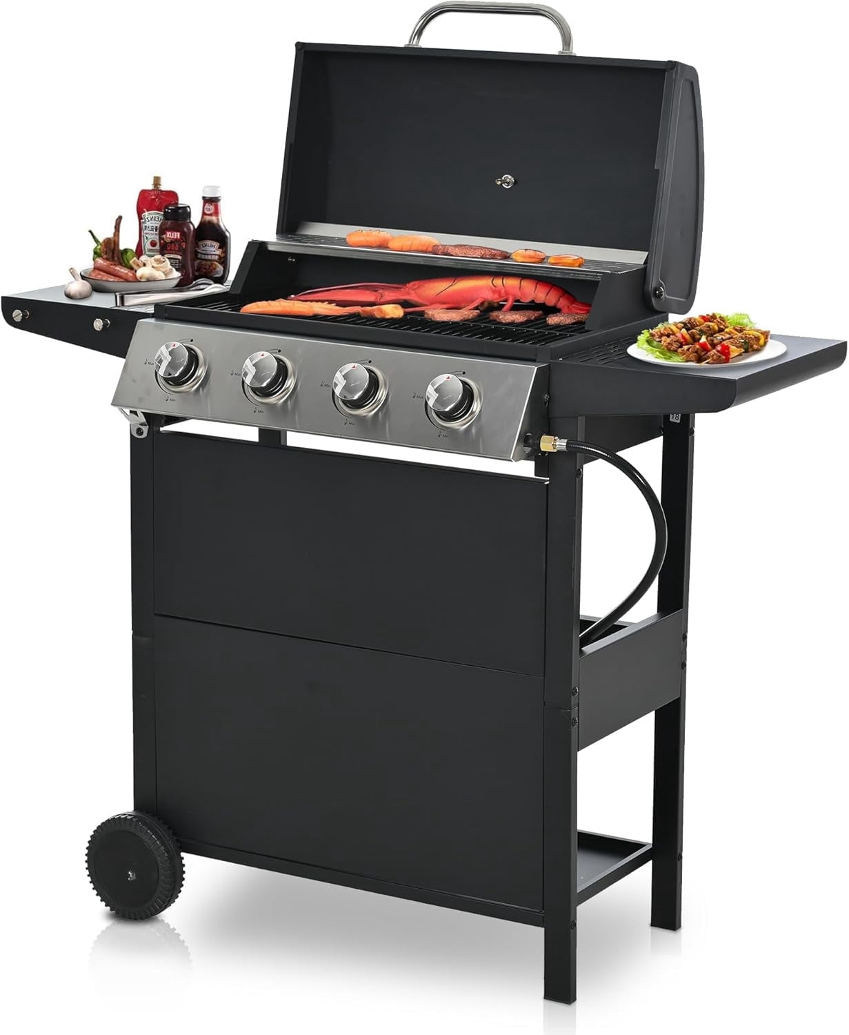 Aminy 4 Burner Propane Gas Grill for Camping, 34,200 BTU Smokeless BBQ Portable Grill with Storage & Side Table, Stainless Steel Gas Grill for Kitchen and Patio Backyard