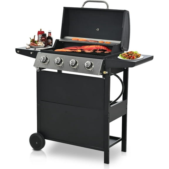 Aminy 4 Burner Propane Gas Grill for Camping, 34,200 BTU Smokeless BBQ Portable Grill with Storage & Side Table, Stainless Steel Gas Grill for Kitchen and Patio Backyard