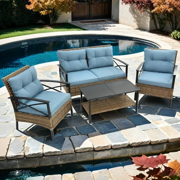 Aminy 4 Piece Patio Rattan Furniture Set, Outdoor Conversation Set with Leisure Chair and Corner Sofa, Dark Blue