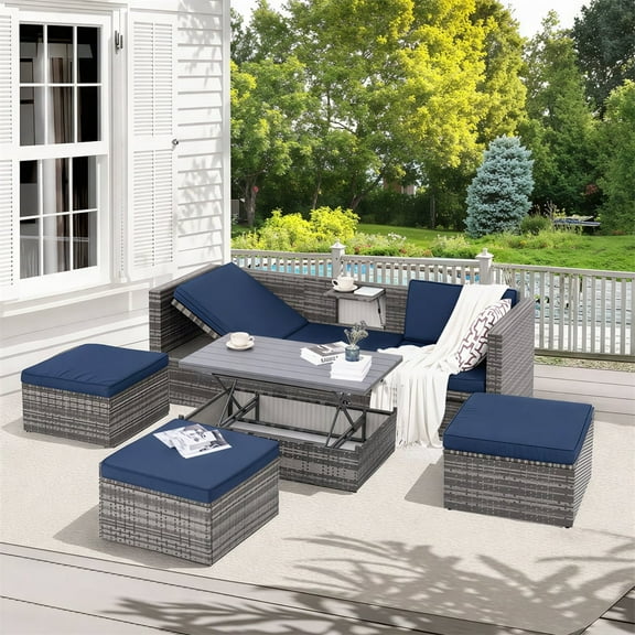 5-Piece Outdoor Patio Furniture Set, Wicker Outdoor Patio Conversation Set Rattan Sectional Sofa Set with Storage Table for Garden, Balcony, Lawn, Blue