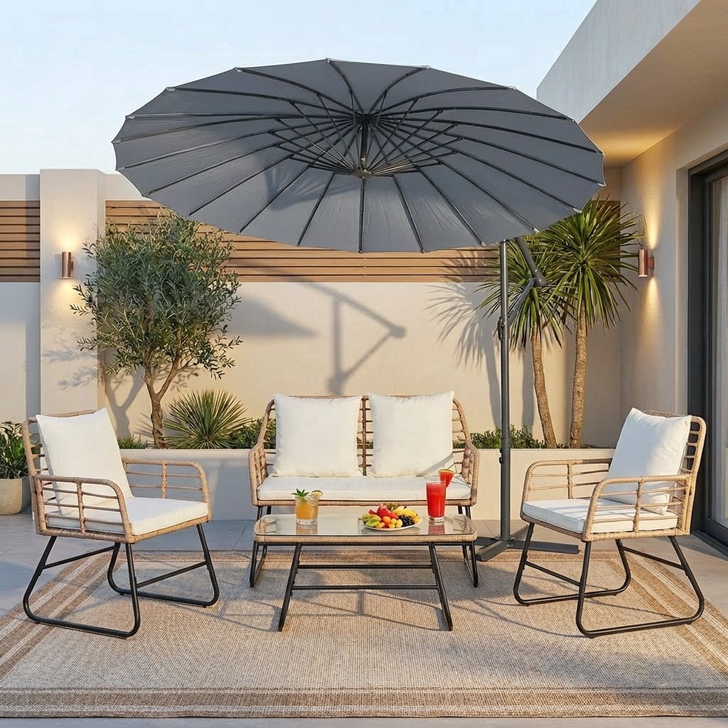 4 Pieces Outdoor Patio Furniture Set, Outdoor PE Wicker Patio Conversation Set with Cushion, Glass Table, Pillow, Beige