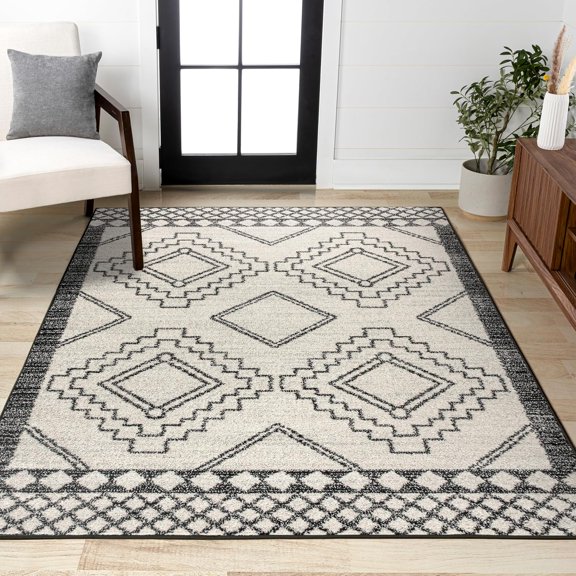 Amir Moroccan Beni Souk Cream/Black Indoor Area Rug, 4x6, Bohemian, Scandinavian, Easy-Cleaning for Living Room, Bedroom, Kitchen, Pet Friendly, Non-Shedding (MOH200A-4)