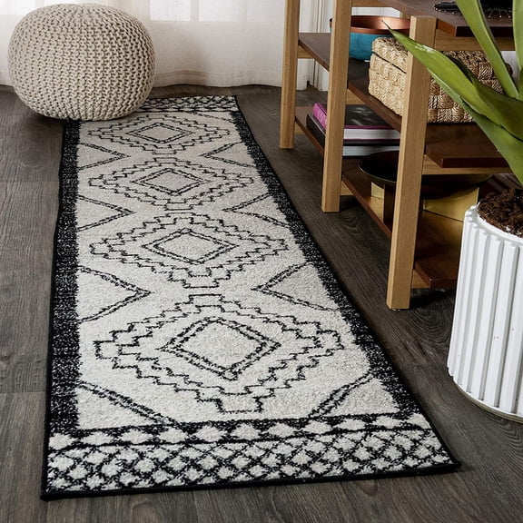 Amir Moroccan Beni Souk Cream/Black Runner Rug, 2x8, Bohemian, Scandinavian, Easy-Cleaning for Living Room, Bedroom, Kitchen, Pet Friendly, Non-Shedding (MOH200A-28)