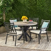 Amir Outdoor 5 Piece Iron Dining Set with Light Weight Concrete Table, Beige, Light Gray, Black