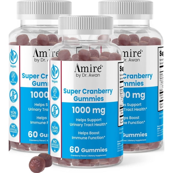Amire by Dr. Awan Super Cranberry Gummies, Helps Support Urinary Tract Health, Helps Boosts Immune Function, Gelatin-Free Cranberry Chews for Men & Women, 180ct, 90-Day Supply