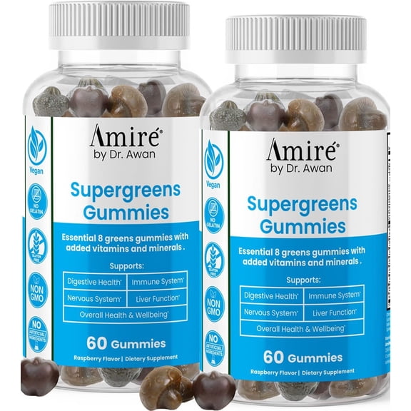 Amire by Dr. Awan Super Greens Gummies, Fruits & Veggies Supplement, Green Superfood for Immunity, Metabolism, Liver Function & Nervous System, Essential 8 Greens, 120ct, 60day Supply