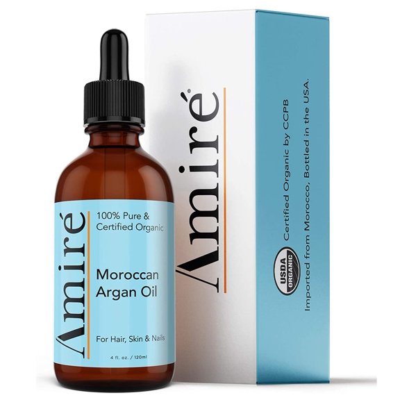 Amire USDA Certified Organic Argan Oil 4oz. Pure Moroccan Argan Oil for Hair, Skin, and Nails. Dry Scalp Treatment and Hair Oil for Dry, Damaged, and Brittle Hair. Comparable to Josie Maran.
