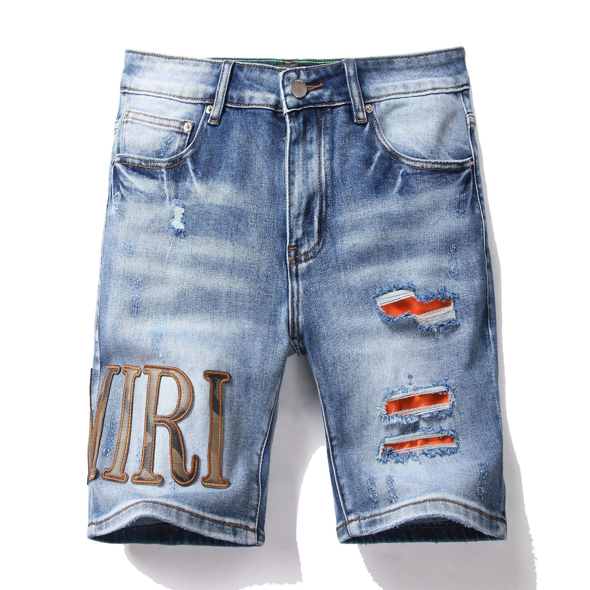 Amiri Men s Moto Biker Jeans Shorts Ripped Distressed Denim Shorts with Broken Hole
