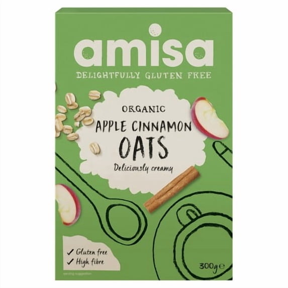 Amisa Organic Gluten Free Pure Porridge Oats Apple & Cinnamon Spice 300g, British Import (Pack of 3)