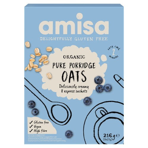 Amisa Organic Gluten Free Pure Porridge Oats Express Sachets 8 x 27g, British Import (Pack of 3)