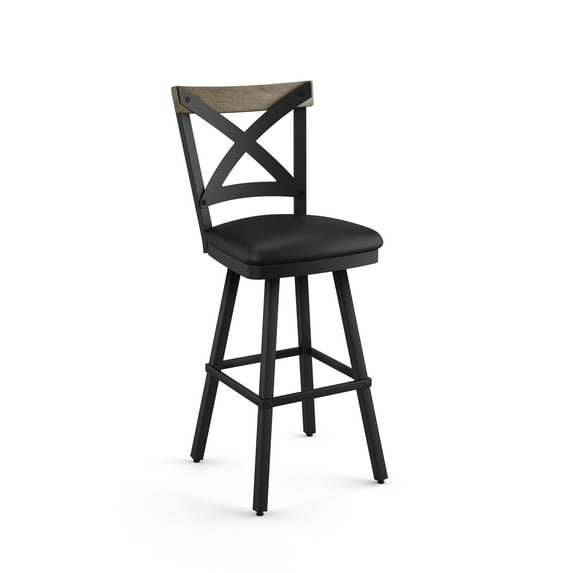 Amisco Snyder 26 In. Counter Stool - Black Faux Leather / Black Metal / Beige Wood