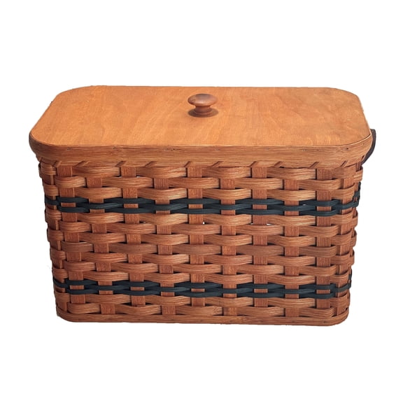 Amish Bread Box Storage With Solid Oak Bottom, Lid and Leather Carrier Handles (Blue)