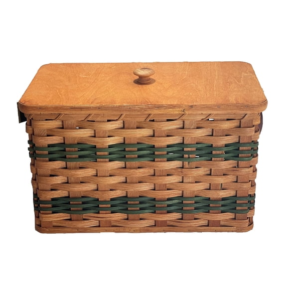 Amish Bread Box Storage With Solid Oak Bottom, Lid and Leather Carrier Handles (Green)