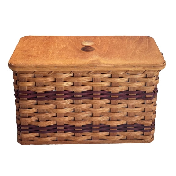 Amish Bread Box Storage With Solid Oak Bottom, Lid and Leather Carrier Handles (Wine)