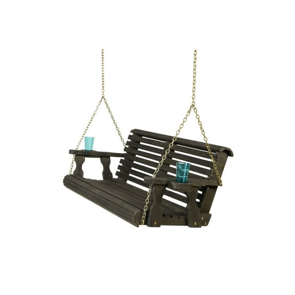 Amish Casual 4 Foot Roll Back Porch Swing with Cup Holders in Semi-Solid Black Stain - Amish Made in The USA from Treated Pine Heavy Duty 700 Lb. Weight Capacity