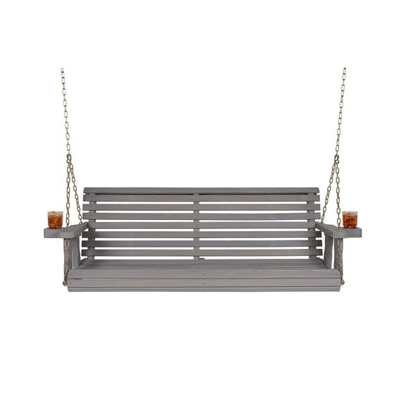 Amish Casual 4 Foot Roll Back Porch Swing with Cup Holders in Semi-Solid Grey Stain - Amish Made in The USA from Treated Pine Heavy Duty 700 Lb. Weight Capacity