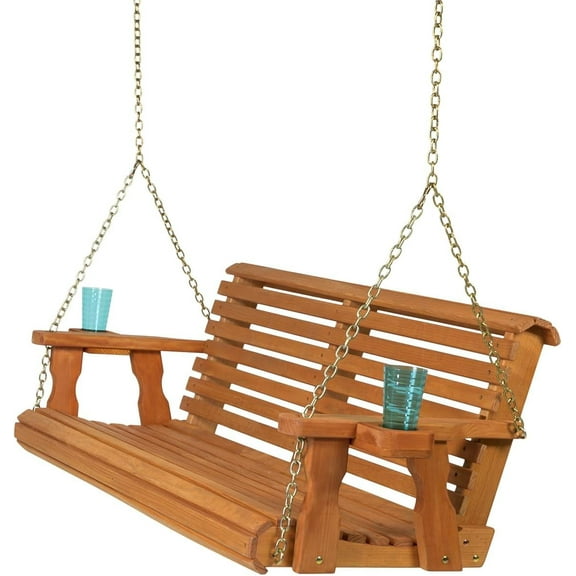 Amish Casual 5 Foot Roll Back Porch Swing with Cup Holders in Cedar Stain - Amish Made in The USA from Treated Pine Heavy Duty 700 Lb. Weight Capacity