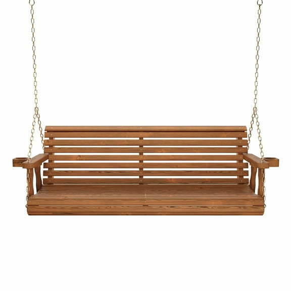 Amish Casual 6 Foot Roll Back Porch Swing with Cup Holders in Oak Stain - Amish Made in The USA from Treated Pine Heavy Duty 700 Lb. Weight Capacity