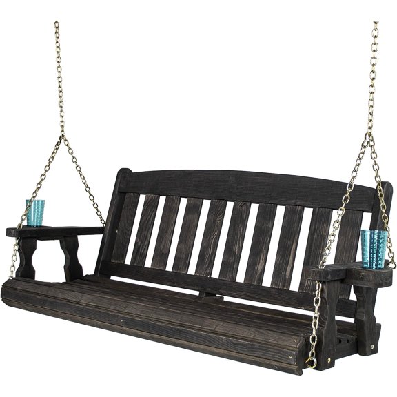 Amish Casual Heavy Duty Mission Treated Porch Swing, 6-Foot, Semi-Solid Black Stain, 8Ft Chains, With Cups
