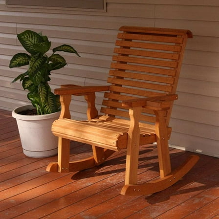 Amish Casual Heavy Duty Roll Back Wooden Outdoor Rocking Chair, Oak Stain