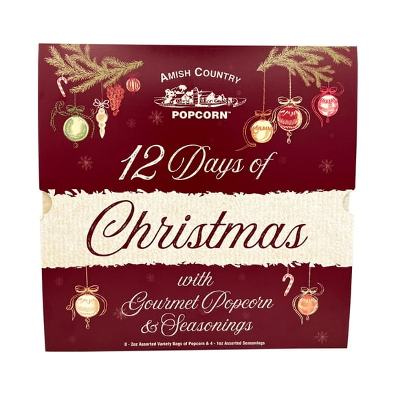 Amish Country Popcorn | 12 Days of Popcorn and Seasoning Advent Calendar | A Festive Christmas Gift Set for The Family - Includes (8) 2oz Assorted Variety Bags of Popcorn & (4) 1oz Assorted Seasonings