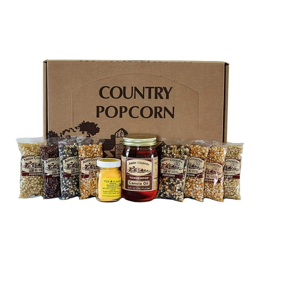 Amish Country Popcorn | 4 Ounce Variety Gift Set | Includes 8 - 4 oz Variety Popcorn Kernels, Canola Oil and BallPark Salt | Old Fashioned, Non-GMO and Gluten Free (8 - 4 Ounce Variety Gift Set)