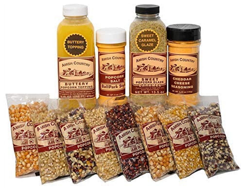 Amish Country Popcorn | 8 Bag - 4 Ounce Variety Gift Set with Buttery Topping, Sweet Caramel Glaze, Ballpark Salt & Cheddar Cheese Seasoning | Old Fashioned, Non-GMO and Gluten Free
