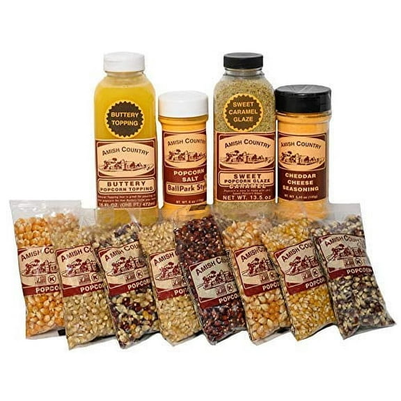 Amish Country Popcorn | 8 Bag - 4 Ounce Variety Gift Set with Buttery Topping, Sweet Caramel Glaze, Ballpark Salt & Cheddar Cheese Seasoning | Old Fashioned, Non-GMO and Gluten Free